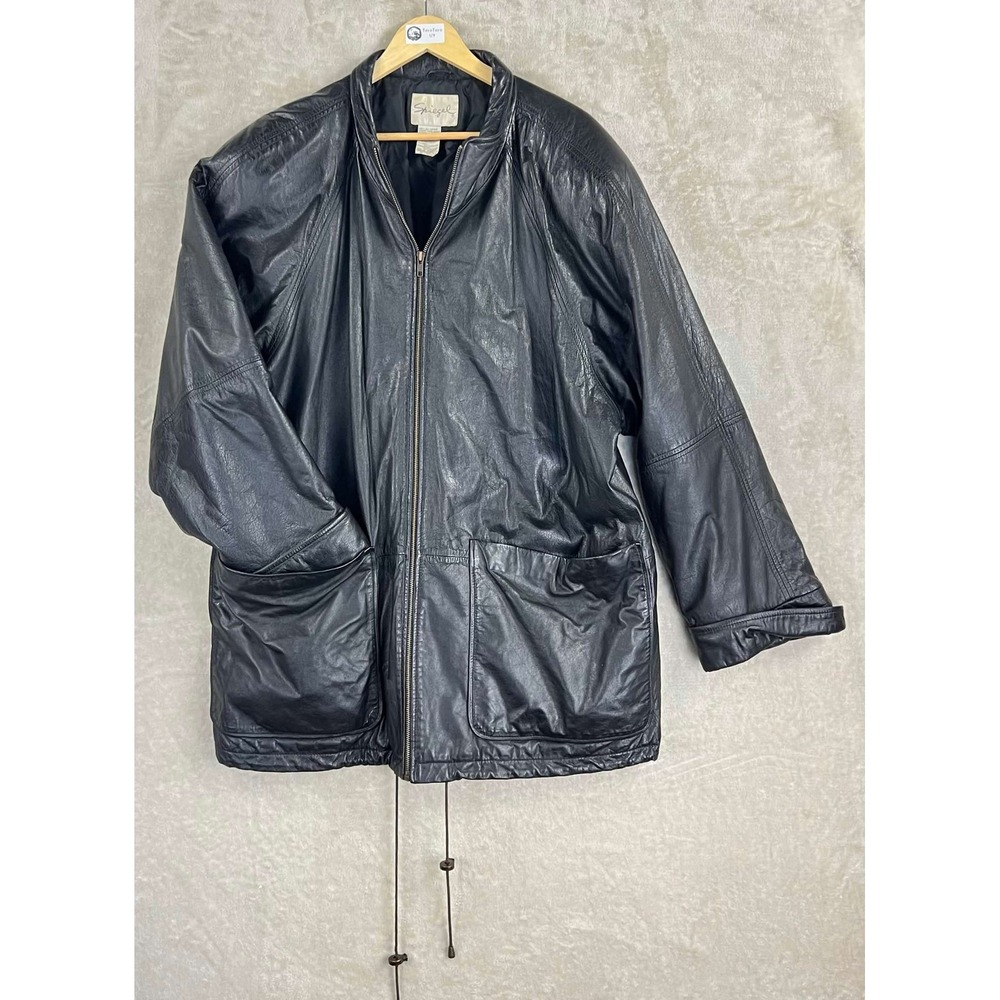 Spiegel Vintage Black Leather Jacket Oversized Parka Coat Zip Up Drawstring Hem